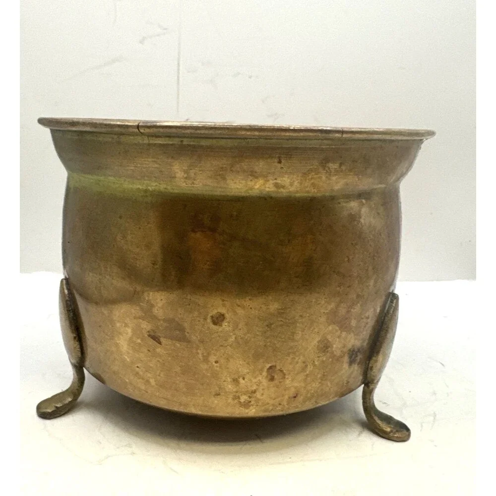 Vintage Solid Brass Copper Planter Pot cauldron With Feet  4.50 X 6
